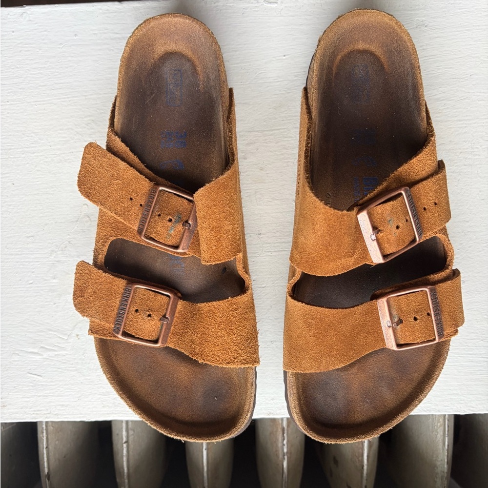 Suede Double-Strap Buckle Sandals in Cognac Brown